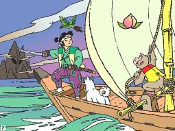 momotaro en el barco